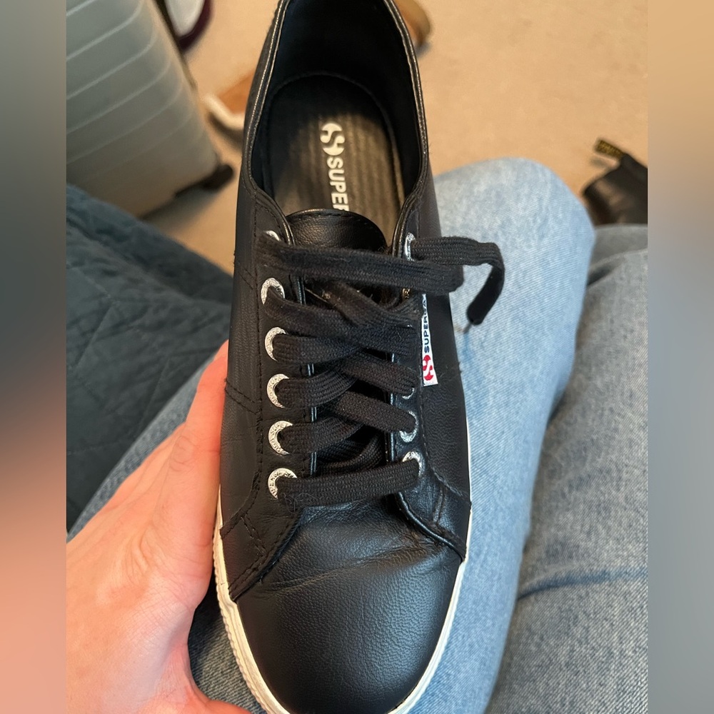 superga platform sneaker black leather size 8.5